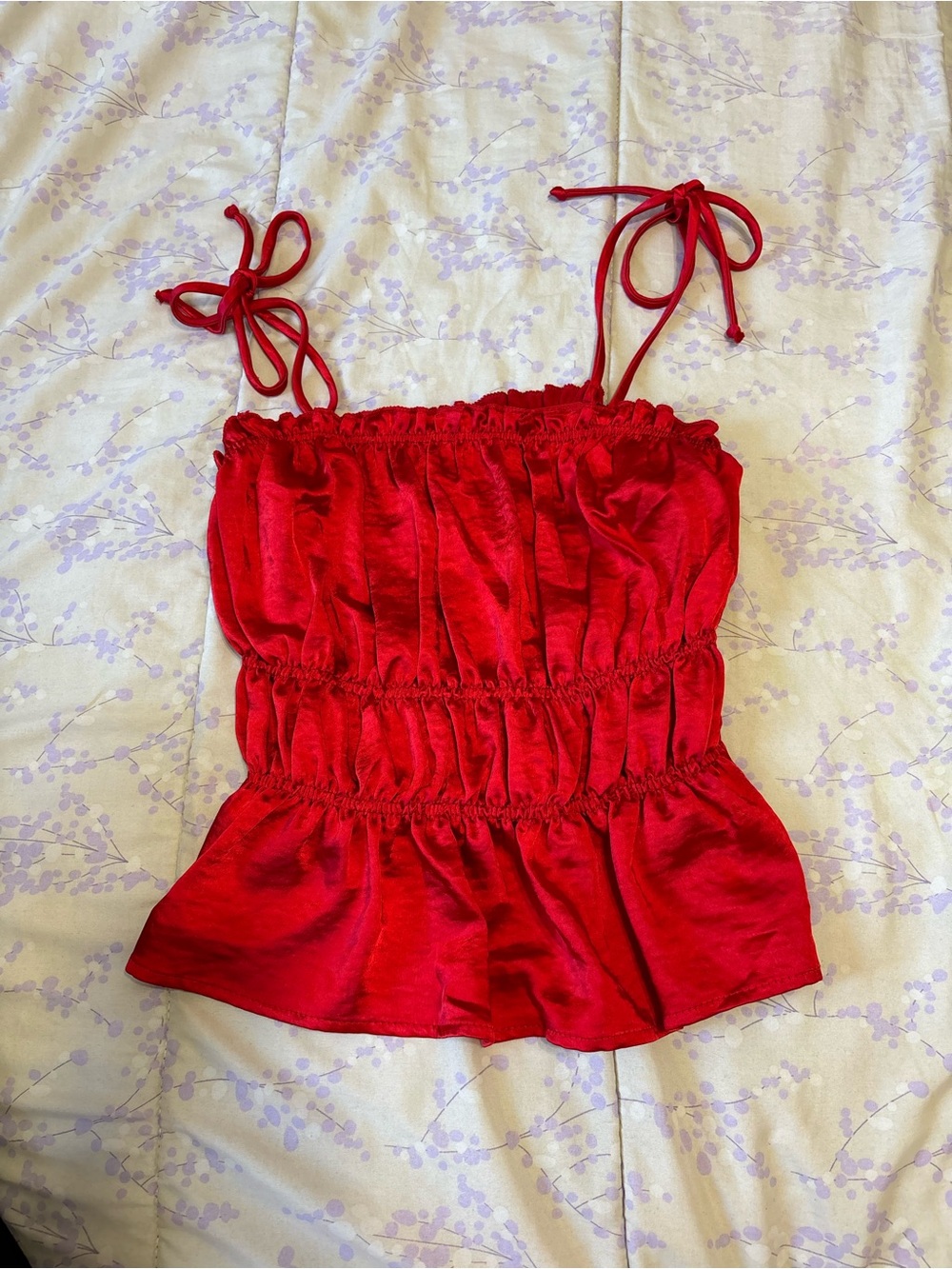 Fashion Nova Silk Red Tie-Strap Ruched Peplum Tank Top